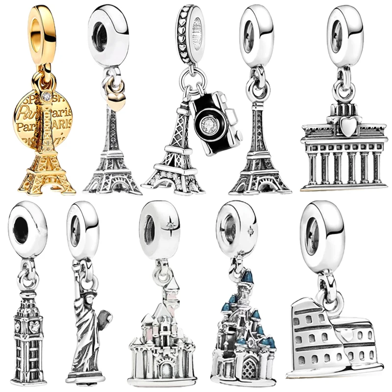 New Fine Gold Eiffel Tower Statue of Liberty Castle Charm Beads Fit Original 925 Silver Pandora Bracelet DIY Women Jewelry Gifts