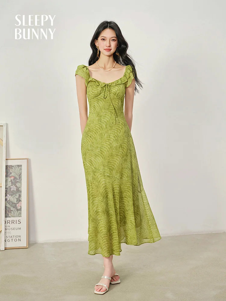 Elegant French Style Printed Chiffon Dress Women Summer Vintage Slim Maxi Dress Lightweight A-Line Slit Gown Casual Holiday Look
