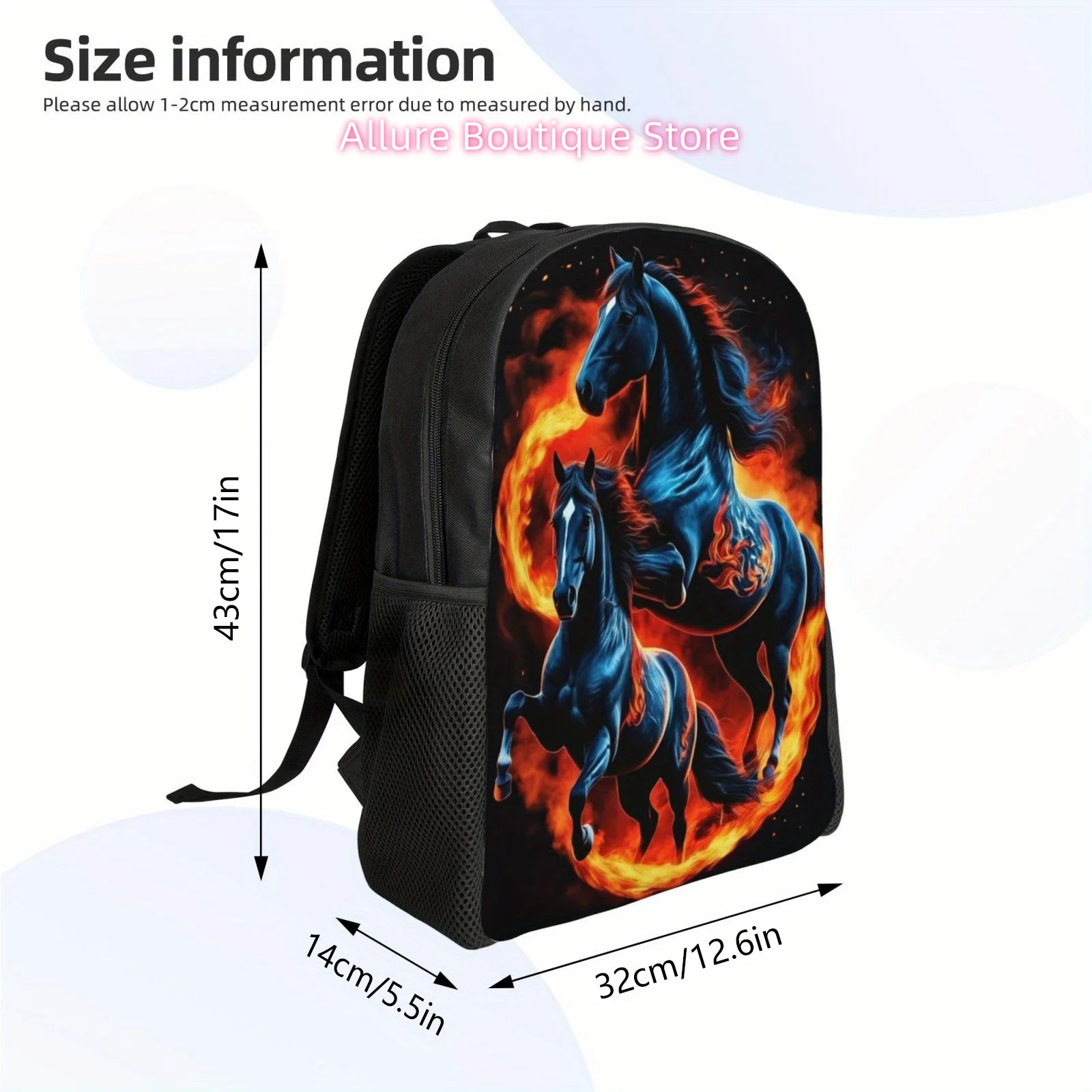 Flame Horse Print Backpack, Polyester Lightweight Laptop Bag with Large Capacity, Ergonomic Travel Shoulder Bags for College, Hi