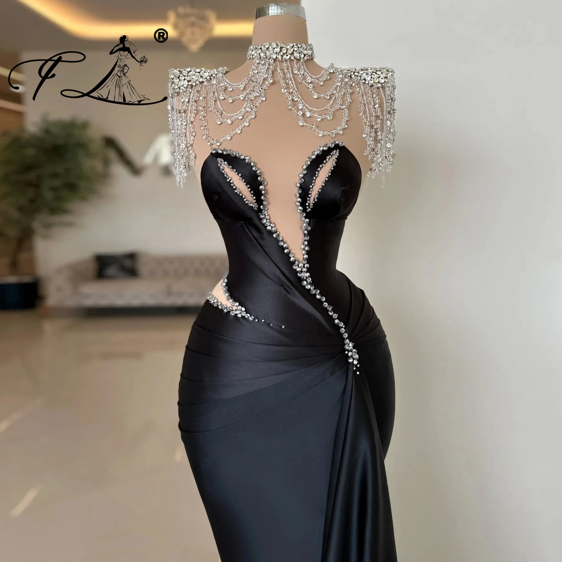 Customized High Neck with Beaded Rhinestone Black Bodycon Evening Dresses Women Luxury فساتين سهرة Dresses for Special Occasions