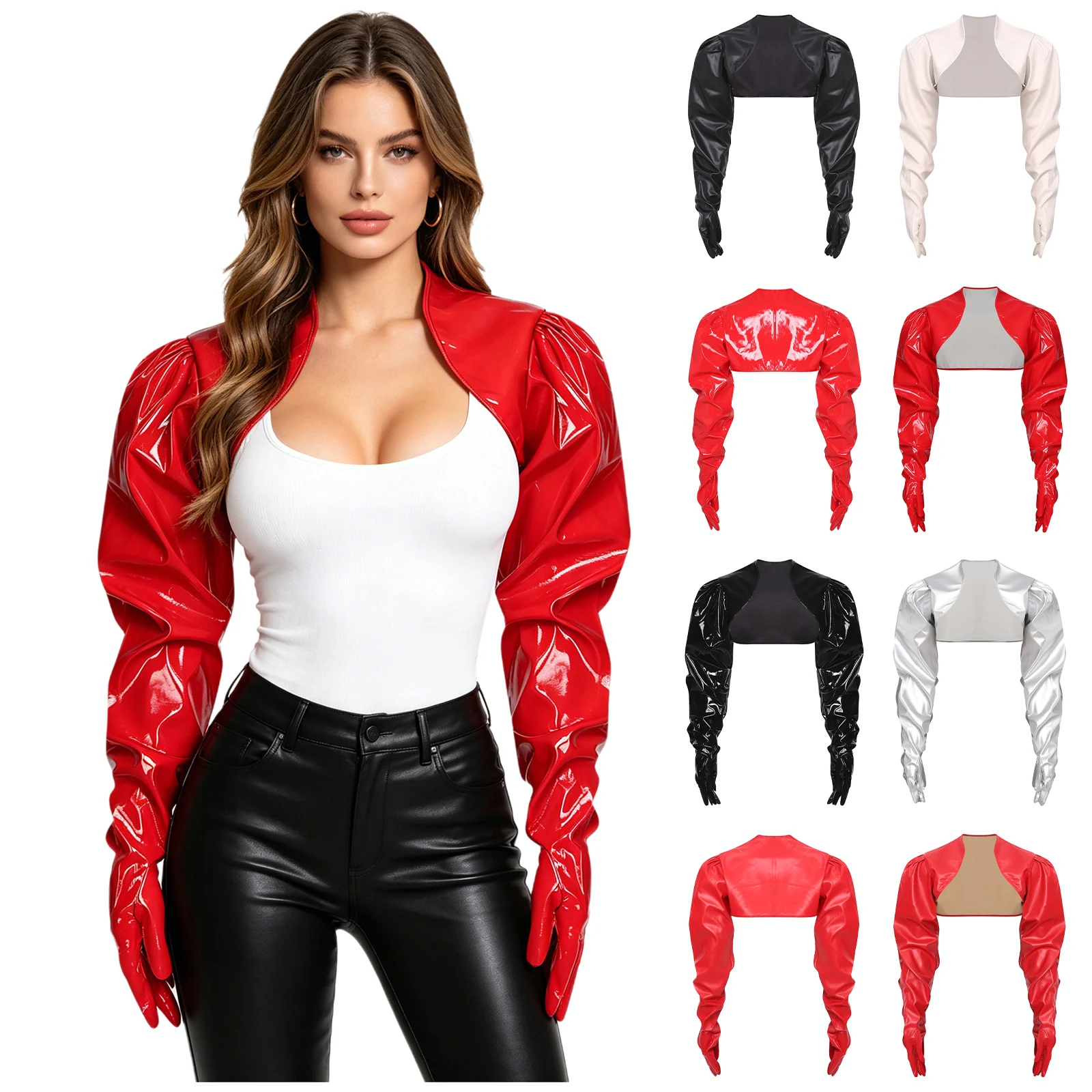 

Womens Wet Look Cardigan Puff Loose Long Sleeve with Built-in Gloves Open Front Crop Jacket Shrug Shawls Clubwear for Rave Party