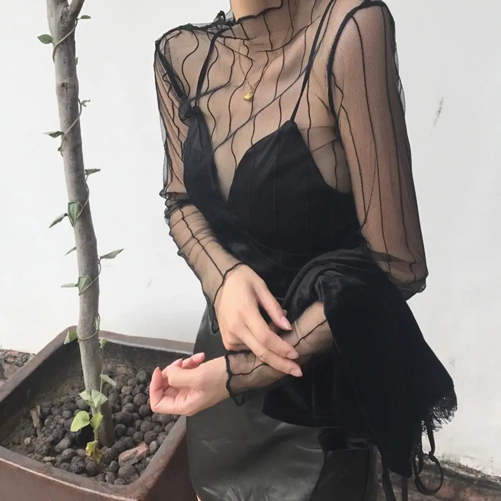 New Sexy Mesh T Shirt Under Shirt Harajuku Aesthetic Classic Lace Striped T Shirt Long Sleeve Mesh Top Transparent  O Neck Sheer