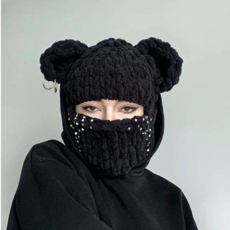 2023 Novelty Bear Ear Balaclava Beanies Chain Outdoor Ski  Winter Hat for Women Ear Protection Knitted Hat