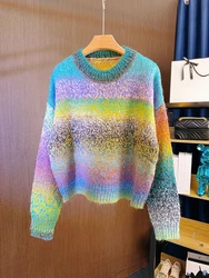 Gradient Sweater Loose Fit Pullover Knit Top Women Colorful Jumper 2024 Fall Winter Mohair Outfit