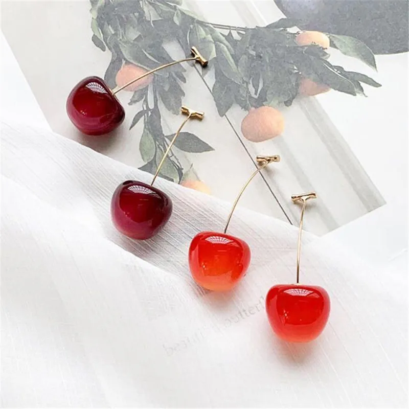 Cute Sweet Red Cherries Long Pendant Stud Earrings for Women Girls Elegant Fruit Stainless Steel Drop Earrings Charm Jewelry