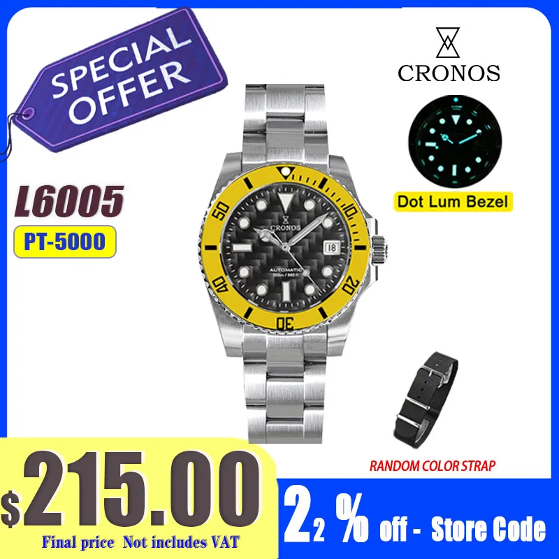 Cronos Sub Diver Men Watch Stainless Steel PT5000 Ceramic Bezel 200 Meters Waterproof Adjust Clasp Carbon Fiber Dial L6005M