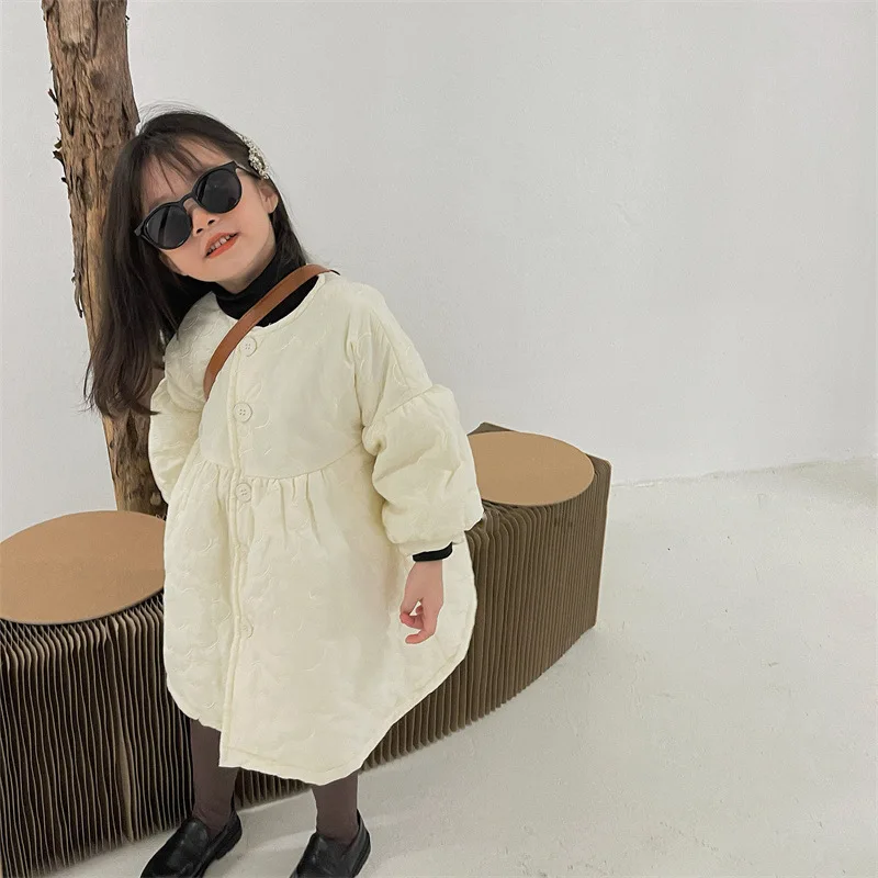 Girls\' Cotton Jacket Winter  Embroidered Bubble Sleeves Thickened Cotton Jacket Fashion Children\'s Solid Color Warm Dress Coat