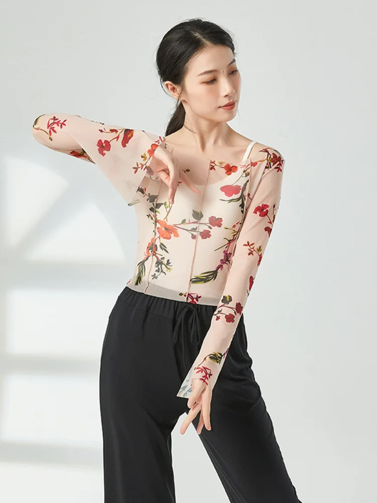 Top de baile de manga larga de malla Floral para mujer, Ropa de baile moderna ajustada con cuello redondo, traje de actuación en escenario, camisa de práctica de Ballet