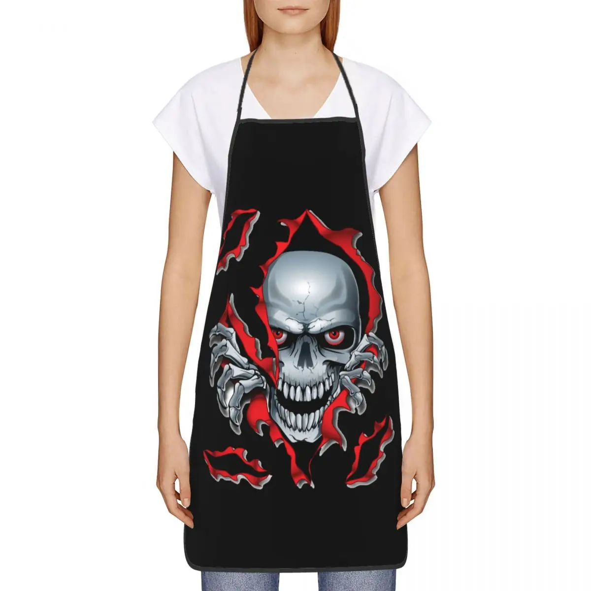 Custom Unisex Rip Skull Bib Apron Adult Women Men Chef Tablier Cuisine for Kitchen Cooking Gothic Skeleton Painting