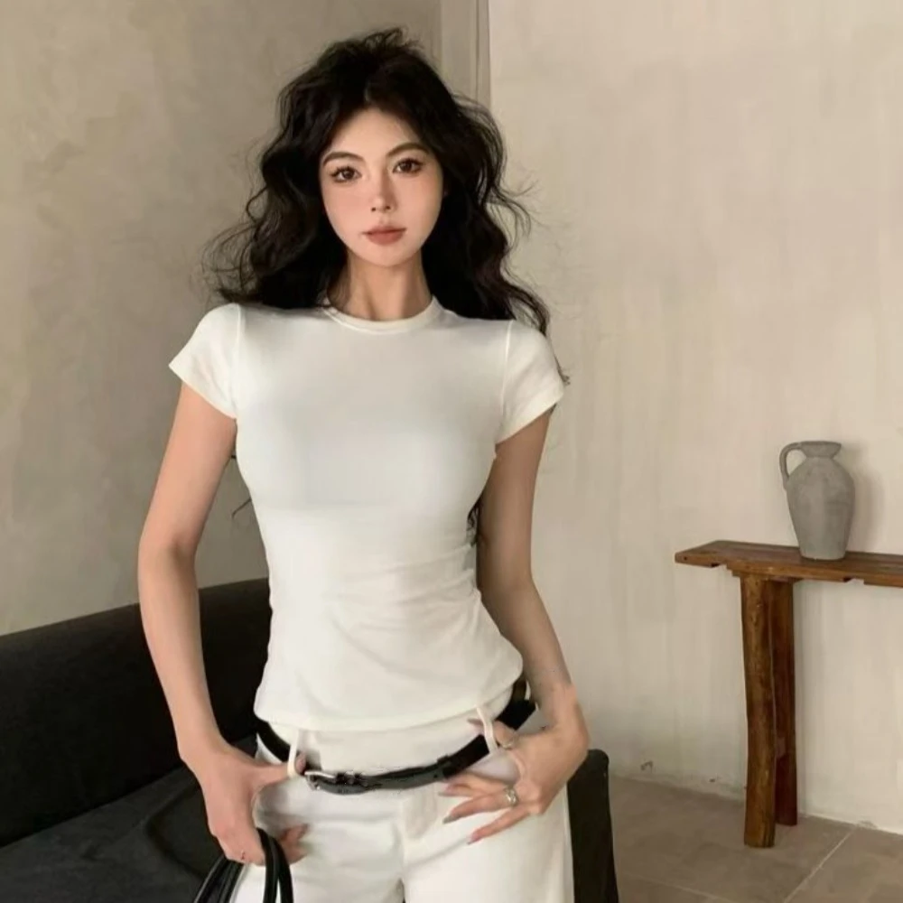 

Elegant Basic Short Sleeve Tees Shirts Solid Color Y2k Simple Crop Tops Round Neck All-match Pullover Tops Summer