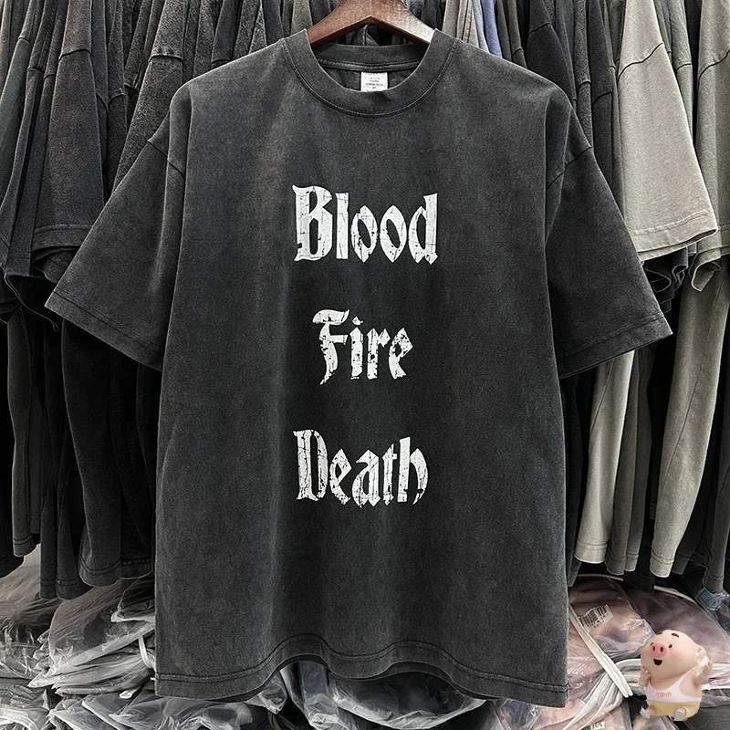 

Top Version Top Level Version Blood Fire Deth Print Letter Washed T Shirt Black Short Sleeve T-shirt Tear Tops Vintage Cotton Me