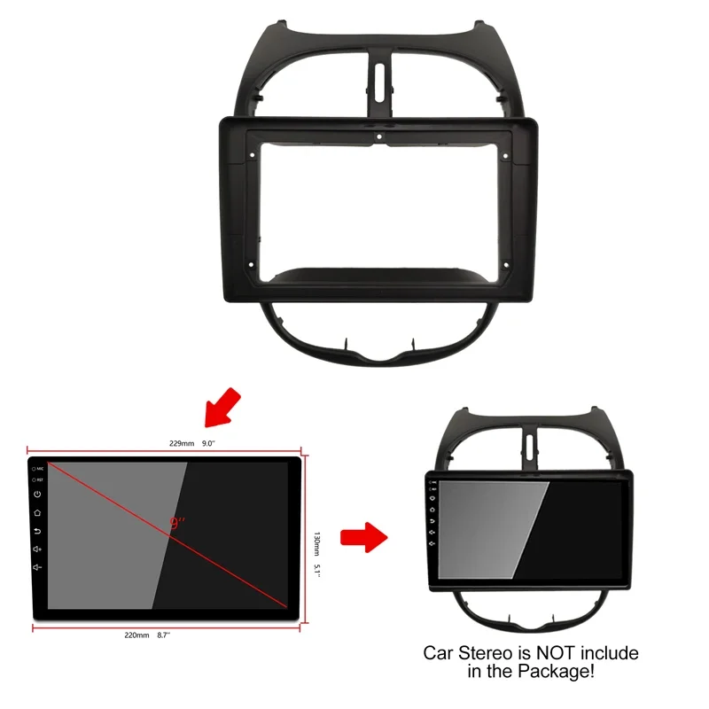 

9-дюймовая 2-дюймовая автомобильная радиостанция для Peugeot 206 2000-2008, автомобильная DVD-рамка, радиопанель, навигационная панель