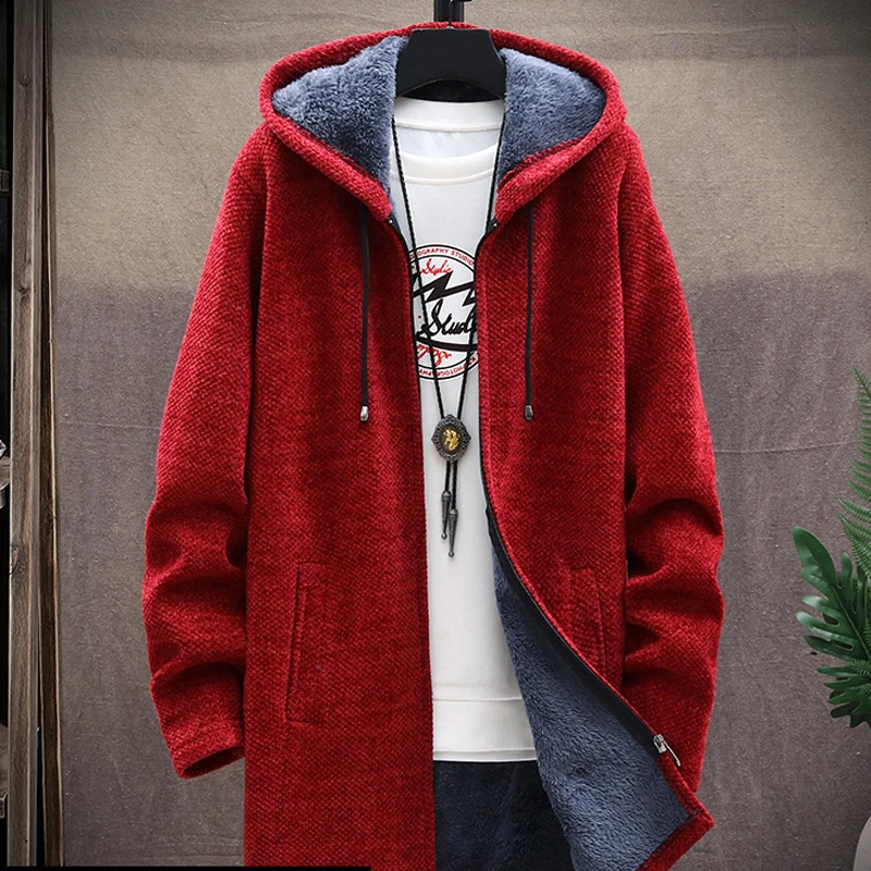

Men Knitted Jacket Fleece Lining Solid Color Youth Casual Sweater Winter New Arrival Men's Sweaters Hooded Cardigan Coats MY324