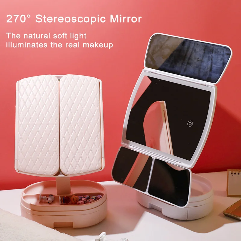 1x/2x/3x Magnifying Foldable Vanity Mirror with Drawer Desktop Makeup Mirror with Intelligent Light Led Mirror Rechargeable