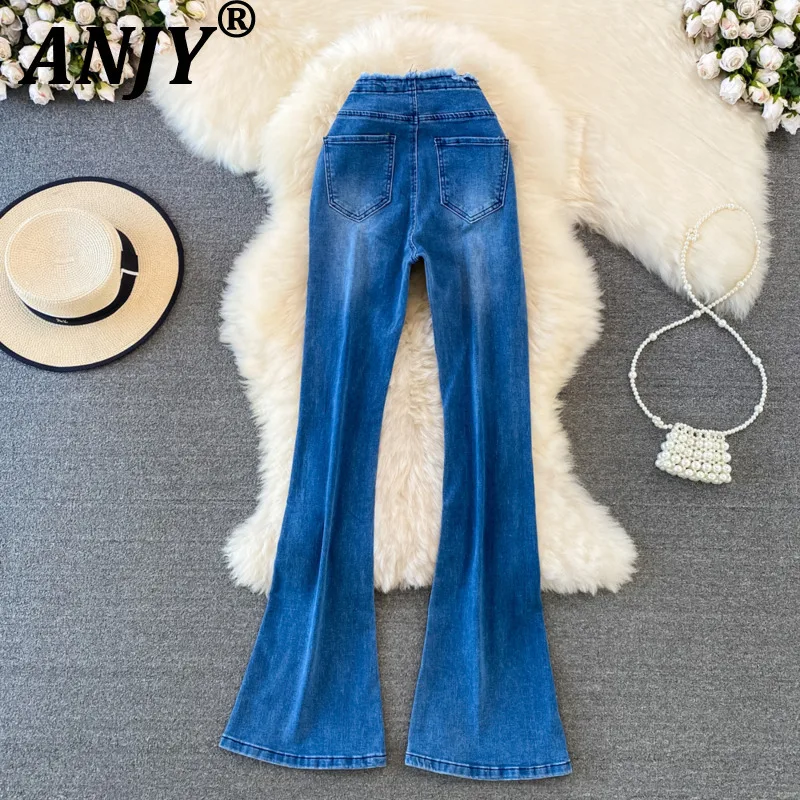

ANJY Spring Autumn New Women Korean Style Retro High-Waisted Solid Color Flare Jeans Elegant Slim Fit Elastic Denim Pants A21192