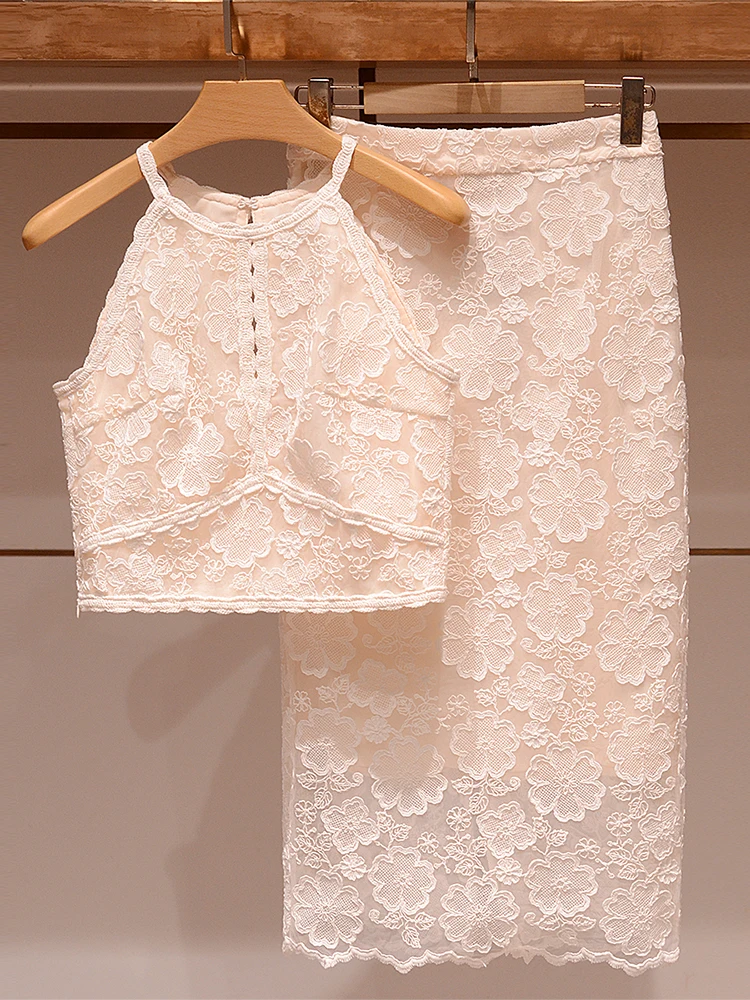 

Женский комплект Ele с тяжелой вышивкой, лето 2025, юбка длиной f, жилет, комплект из двух предметов, повседневный круглый наряд Ne Svel