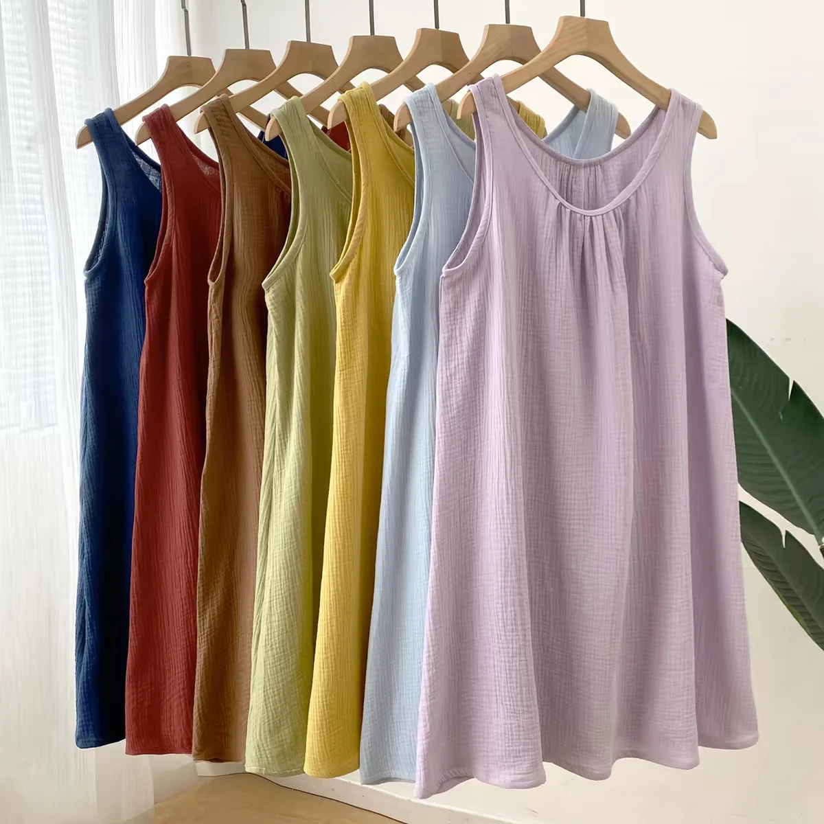 Vestido Casual de Verano sin Mangas para Mujer, 100% Algodón Gasa, Estilo Midi Chic con Bolsillos, Elegante para Mujer 2026
