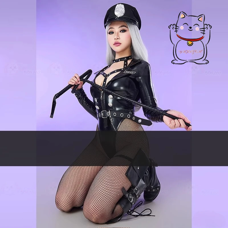 

Female police uniform set temptation outfit cosplay PU leather tight fitting spicy female instructor anime Halloween costume