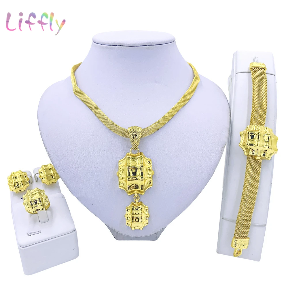 Liffly Italy Gold Jewelry Sets for Women Necklace African Beads Jewelry Set Nigerian Bridal Wedding Costume Jewellery