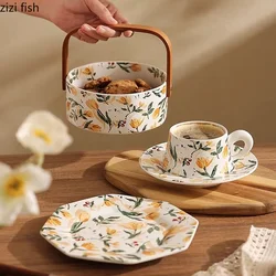 Flower Patterned Ceramic Plate Hand-held Fruit Basket Dried Fruit Plate Octagonal Dessert Plate Snack Plates Steak Plates