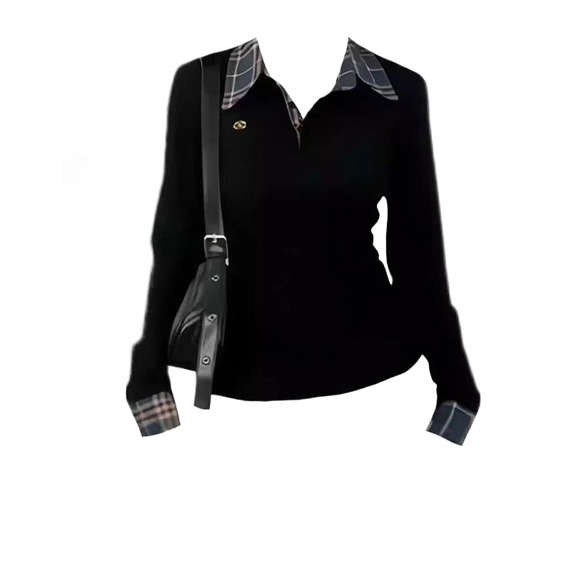 

Deeptown American Retro Polo Neck T Shirts Women Preppy Style Plaid Patchwork Tops Fashion Casual Slim Up Long Sleeve T-Shirts