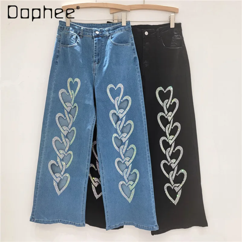 

Premium Hot Diamond Peach Heart Hollow Jeans Spice Girl Temperament High Waist Wide Legs Elastic Mopping Casual Pants Women