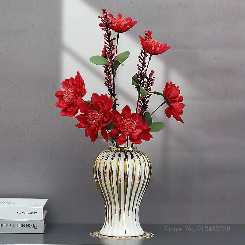 Electroplated Gold Edged White Vase Creative Ceramic Home Desktop Living Room Dining Table Art Decoration Flower Arrangement 1Pc