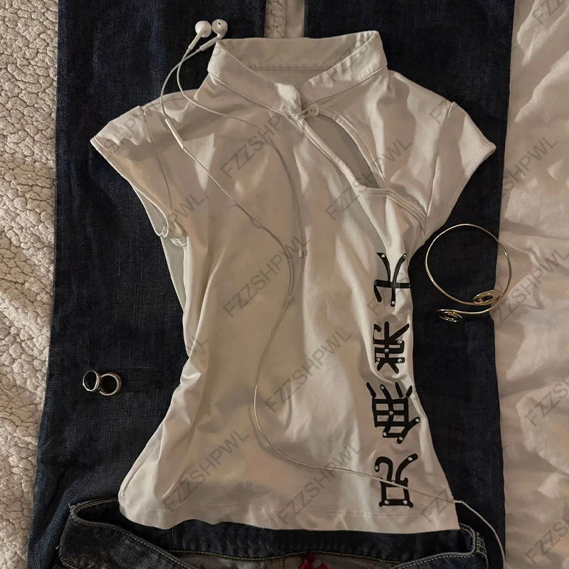 Camiseta Harajuku para mujer, estampado Retro Chic a la moda, High Street Y2K, estilo gótico chino, botones de rana, Top informal ajustado