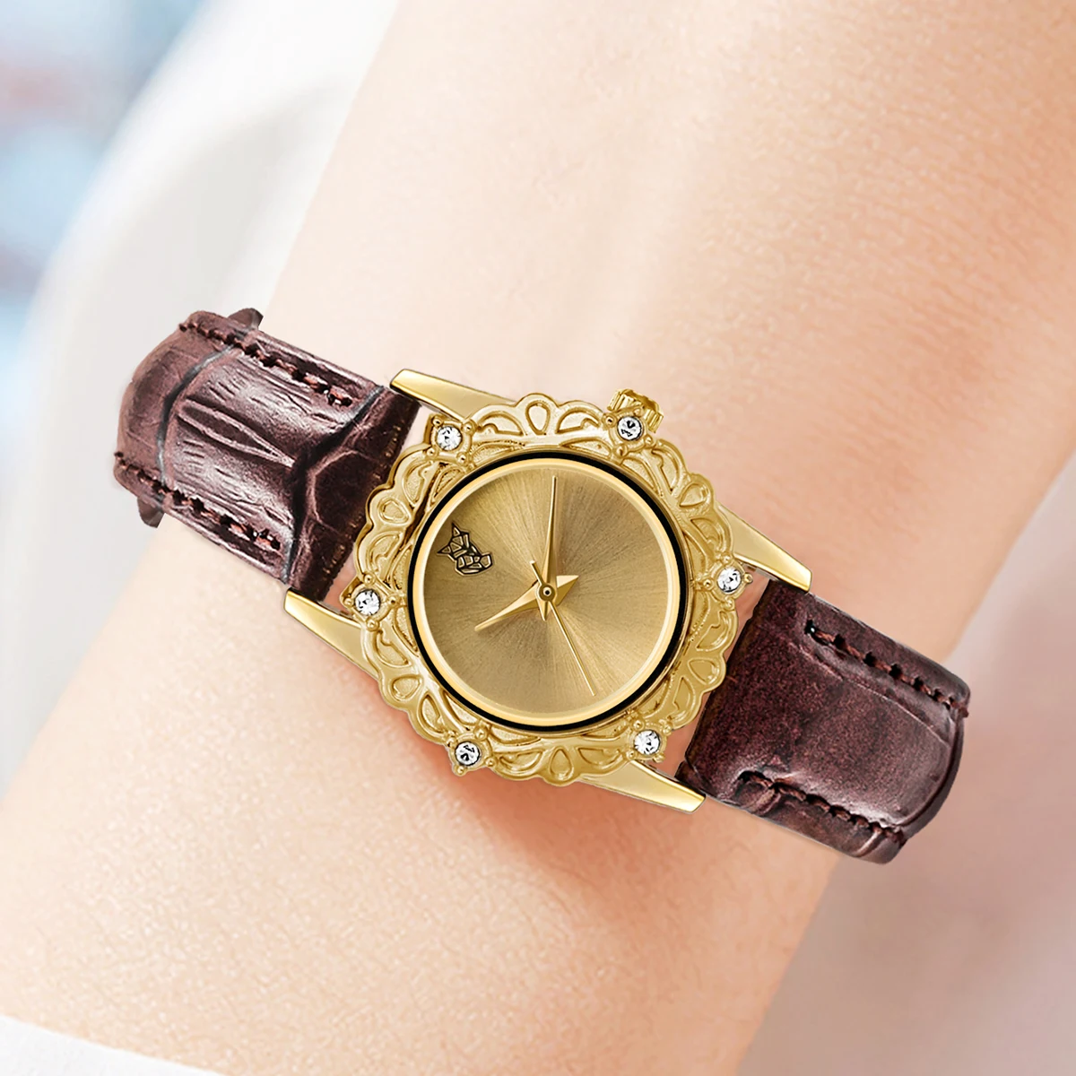 LUCKYFOX Women\'s Watch Simple and Casual Round Gold Edge Quartz Watch Advanced Retro Belt Watch Festival Gift