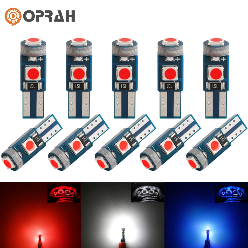 10pcs T5 Led Bulb W3W W1.2W Led Canbus 2835 3 SMD Car Interior Lights Dashboard Indicator Wedge Auto Instrument Panel Lamp 6000K