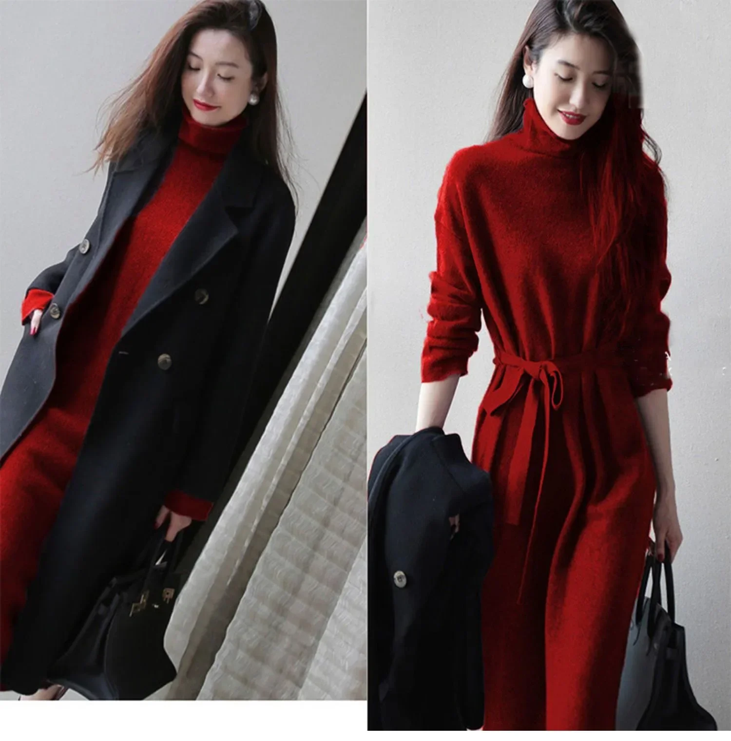 Purple Turtleneck Knit Bottoming Dress Women's Spring And Autumn Coat New Temperament Knee-Length Sweater Long Skirt