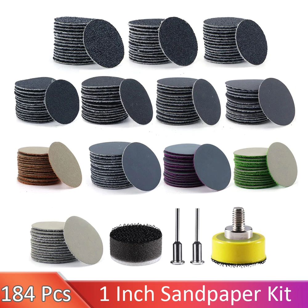 

184 Pcs 1 Inch Sanpaper Set Wet and Dry Sandpaper with Soft Foam Pad and Backing Pad for Auto Metal Wood Grass Jewelry