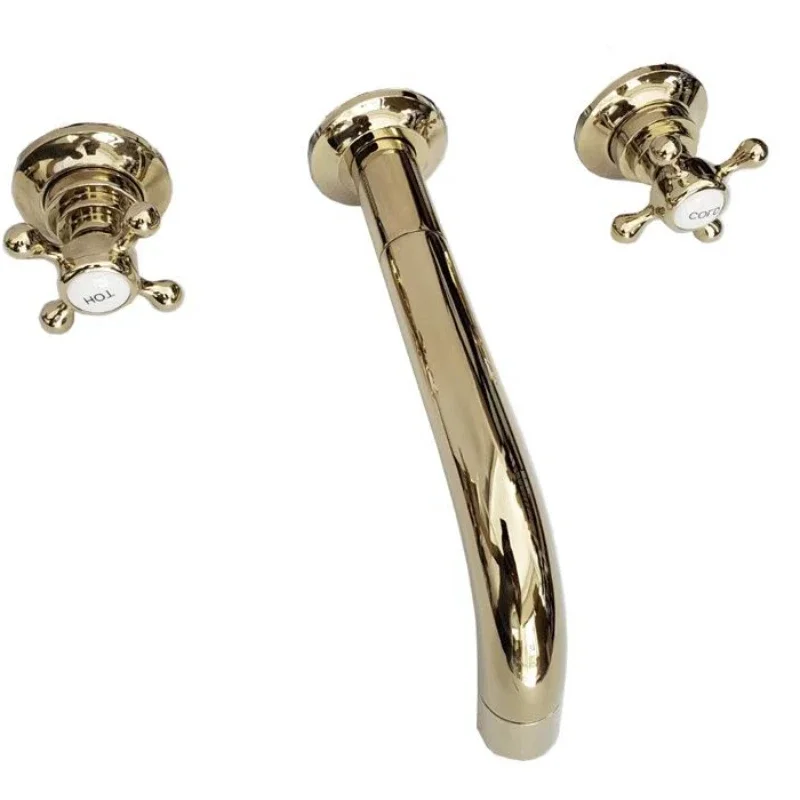 2 British style cross handwheel three hole wall mount gold basin faucets