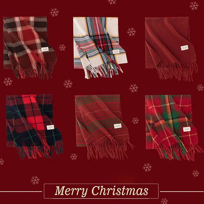 

Christmas Red Scarf For Women Imitation Cashmere Plaid Printed Plush Scarf Trend Premium Warm Shawl Tassel Scarves