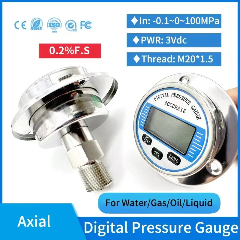 0.2%F.S Axial Vacuum Negative Pressure Gauge Gas Water Fuel Digital Manometer 0-100Mpa Digital Pressure Gauge Piezometer