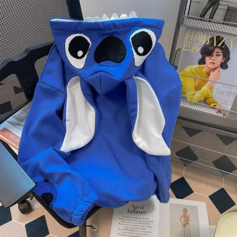 Klein Blue Cartoon Stitch Ears Hooded Jackets for Men and Women Y2k Autumn and Winter Chic American Style Zipper Coat Clothes