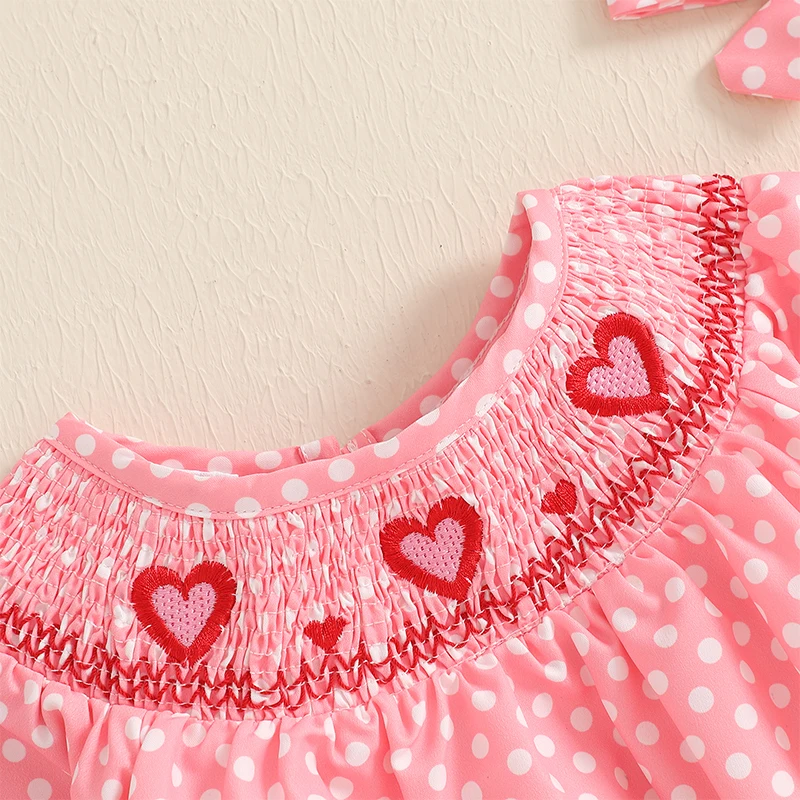 Toddler Girl Valentine s Day Romper Heart Embroidered Dot Long Sleeve Smocked Round Neck Ruffled Fall Jumpsuits Headband