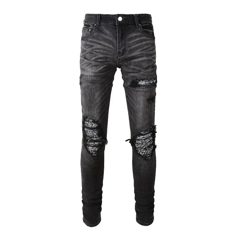 

Pop Seasons Men's High Street Trendy Bandanna Hole Slim Jeans Pencil Pants Csual Black Skinny Denim Trousers Male Streetwear