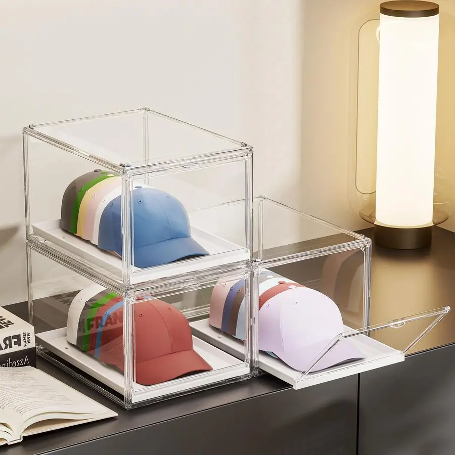 

Органайзер для головных уборов, прозрачный контейнер для бейсболок с магнитной дверцей, штабелируемый, для хранения кепок и шляп, выдвижной.