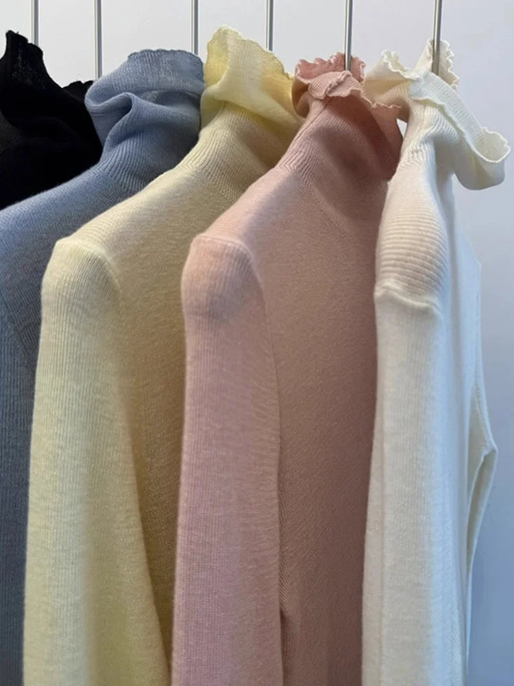 

Faionable Woolen Long Sve Knitted Base irt Women's Comfortable Skin-friendly High Collar Versatile Pure Color Slim Fit