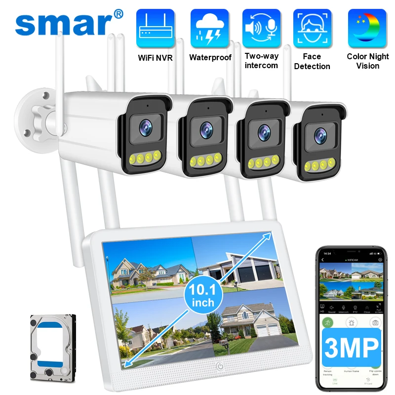 Smar 5MP/3MP Wifi Camera Kit Human Body Detect Full Color Vision IP Camera Set 8CH NVR 10.1 LCD Wireless CCTV Surveillance Syste