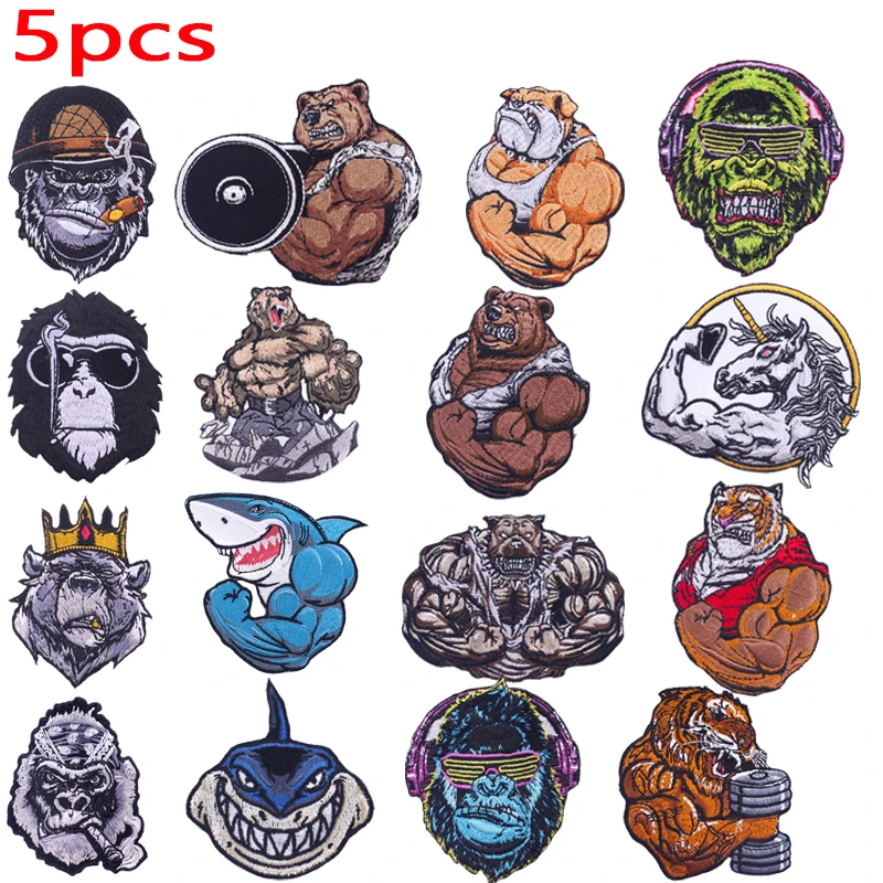 5Pcs Muscle Animal Embroidery Patch Cartoon Bears Dinosaur Iron On Patches For Clothing thermoadhesive Patches On Clothes Decor