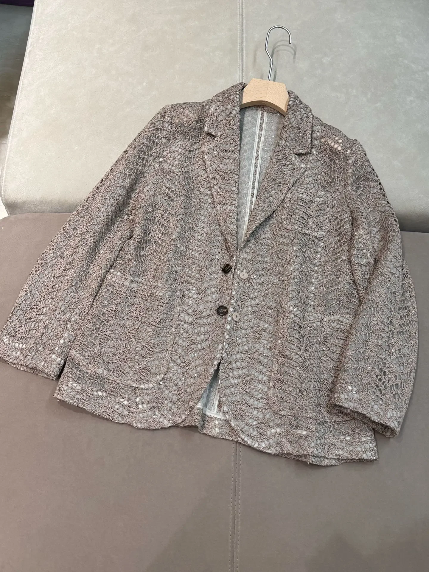 Sequined Hollow Women's Straight Knit Blazer Spring 2025 Notched Single Breasted Long Sleeve Fashion Female Suit Jacket