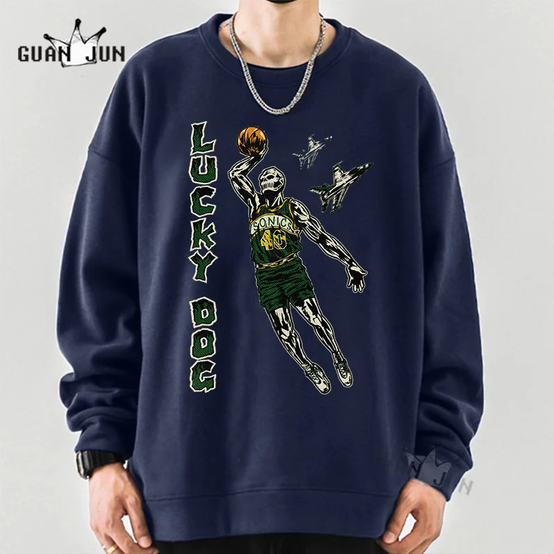 Luck Dog Sweatshirts Retro Sweatshirt for Men Basketball Graphic Hooded Women Cotton Hoodies Oversized Long Sleeve Tops