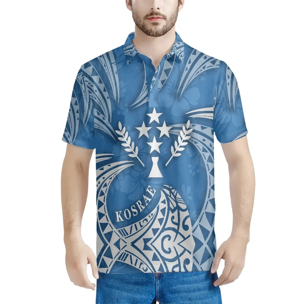 

Summer Men Polo Collar Shirts 2023 Polynesian Tribal Clothing Kosrae Islands Floral Print Men's Business T-shirts Short Sleeve