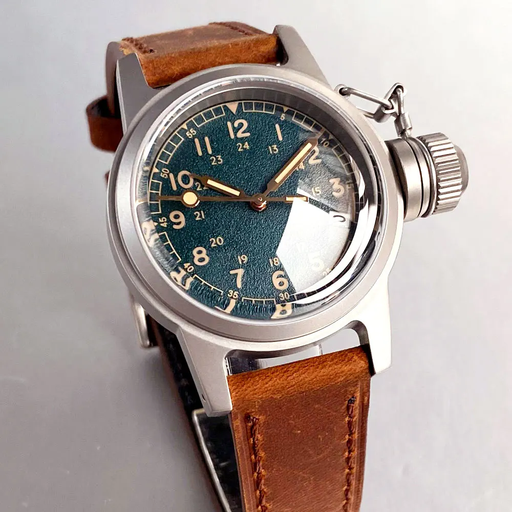 カスタマイズされたダークグリーンヴィンテージダイヤルミリタリー 36 ミリメートル NH35 自動メンズ腕時計ビッグクラウン 3.8 日付ドームサファイアガラスサンドブラストケース