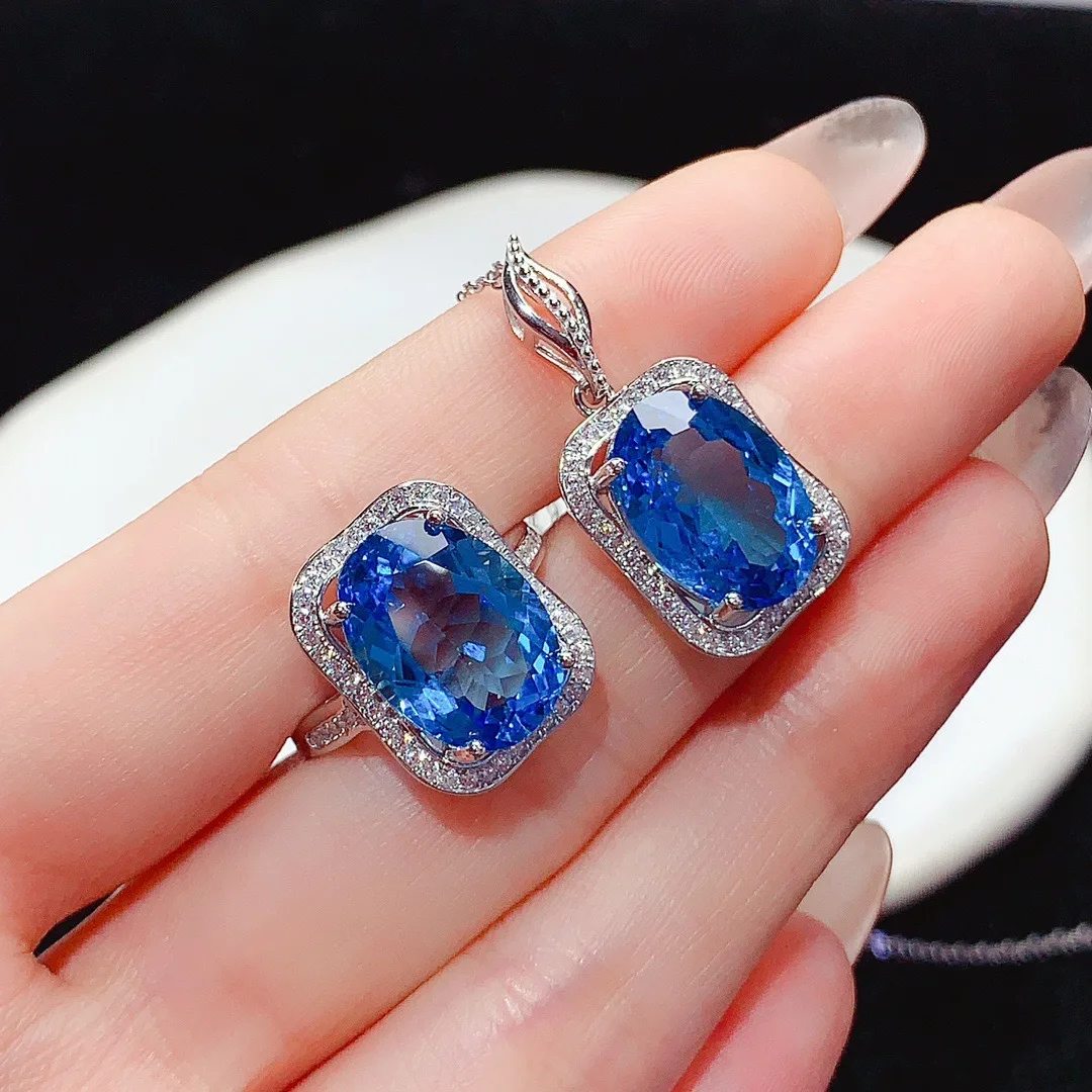 Swiss Blue Topaz Jewelry Set Sophisticated, 925 Sterling Silver Ring Necklace Gemstone