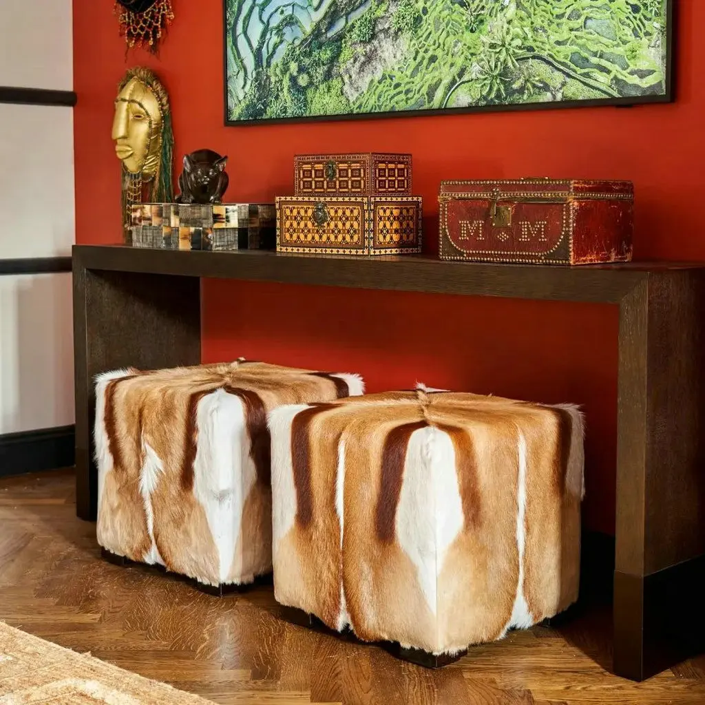#Handmade Unique Art Deco LivingRoom Genuine Springbok Hide Foam Cube Soft Ottoman Stool Bench Pouf Upholstered for Vanity Table