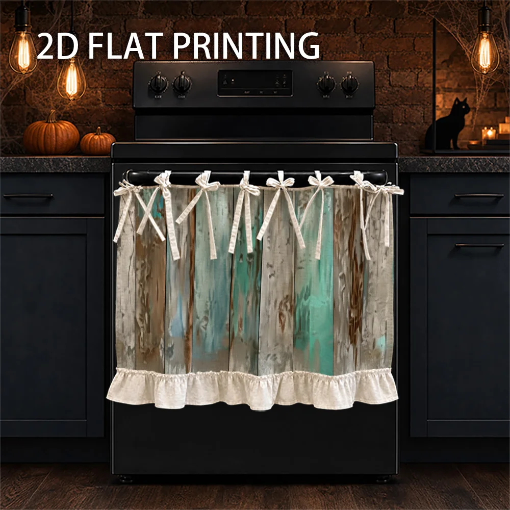 1PC kitchen stove curtain, cabinet curtain and apron. Designed with 2D graphics and printed with distressed rustic wood panels i