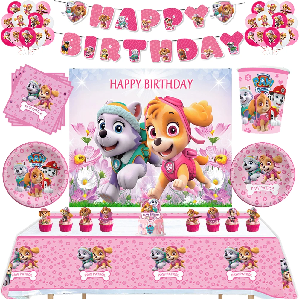 Pink Skye Paw Patrol Birthday Party For Girls Pink Cups Napkins Plates Decorations Balloon Disposable Tableware Canine Supplies